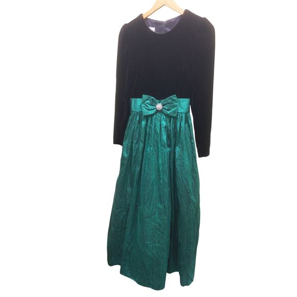 Vintage Jessica McClintock Black Velvet Green Raw Silk Gown w/ Tule Slip Size 4 - Picture 2 of 12